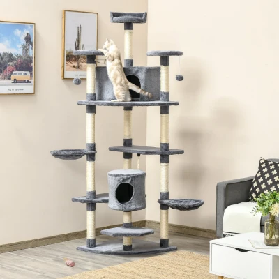 PawHut Árvore Arranhador para Gatos Grande 60x60x200cm com 2 Cavernas 2 Redes Cama Múltiplas Plataformas Postes Arranhadores de Sisal Natural e Bolas de Brinquedo Cinza