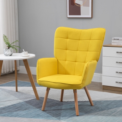 HOMCOM Poltrona de Sala de Estar Moderna Poltrona com Encosto Alto Apoio para os Braços Tecido de Linho e Pés de Madeira de Faia para Sala de Jantar Cozinha 71x76x101 cm Amarelo