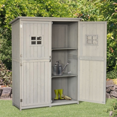 Outsunny Abrigo de Jardim para Ferramentas Armário de Madeira para Exterior com Prateleira Dupla Porta Janelas e Teto Asfáltico 127,5x50x164cm Cinza