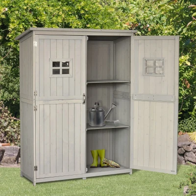 Outsunny Abrigo de Jardim para Ferramentas Armário de Madeira para Exterior com Prateleira Dupla Porta Janelas e Teto Asfáltico 127,5x50x164cm Cinza