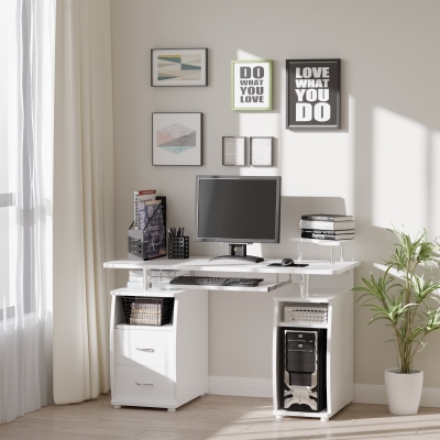 HOMCOM Computer Desk Office PC Table Workstation with Keyboard Tray, CPU Shelf, Drawers, Sliding Scanner Shelf, White