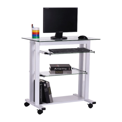 HOMCOM Computer Desk Glass Table Workstation Laptop pc desk mobile with wheels White