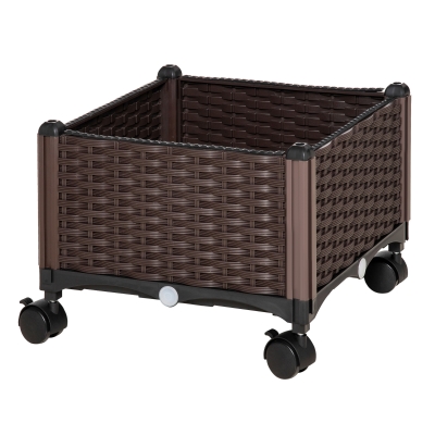 Jardinière sur roulettes plastique imitation rotin tressé chocolat