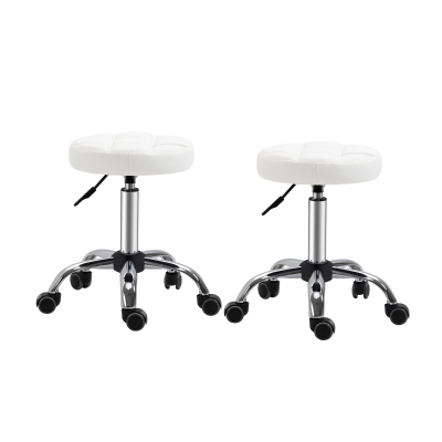 HOMCOM 2er-Set Rollhocker Drehhocker mit Rädern Arbeitshocker höhenverstellbar drehbar Salon Hocker Salonstühle Kunstleder Weiß Ø35,5 x 48-63H cm