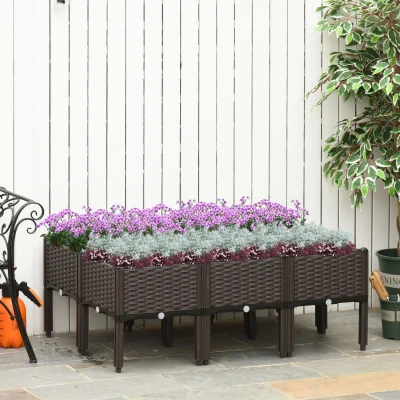 Outsunny 6pcs PP Garden Raised Bed 40Lx40Wx44H cm Self-Watering Design Free Combination Grow Box for Patio Yard Brown