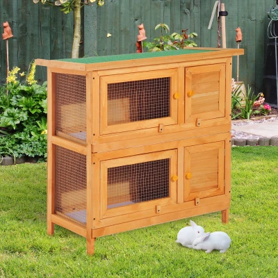 PawHut Coelheira de Madeira Exterior de 2 Níveis Gaiola para 1-2 Coelhos Animais Pequenos com Teto Asfáltico Dobrável e 2 Bandejas Removíveis 90x45x90cm Madeira