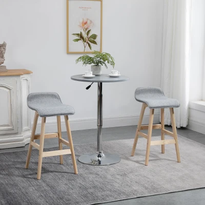 HOMCOM Conjunto de 2 Bancos de Bar com Assento 64cm de Altura Estofada em Linho Sintético Bancos Altos de Cozinha com Pés de Madeira 40x41,5x75,5cm Cinza e Natural