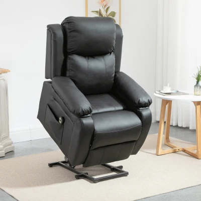 HOMCOM Poltrona Relax Levanta Pessoas com Controle Remoto Reclinação Elétrica de 160° Apoio para os Pés Encosto Estofado em PU e Bolsos Laterais 76x90x105cm Preto