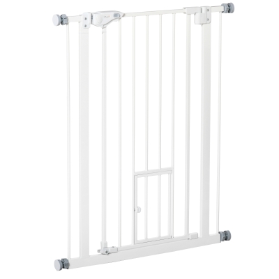 PawHut Barreira de Segurança para Cães Animais de Estimação 74-80cm para Escadas Portas e Corredores com Porta para Gatos Fechamento Automático e Sistema de Duplo Bloqueio Altura 91,4cm Branco