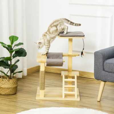 PawHut Árvore Arranhador para Gatos de Madeira Altura 65cm com Plataformas Coberto de Juta Rede Escada Almofada Removível de Tecido Oxford e Brinquedo Suspenso 48x48x65cm Natural