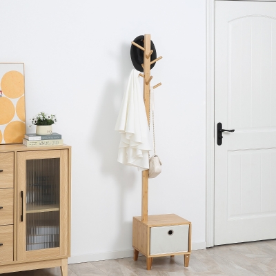 HOMCOM Cabide de Pé de Bambu com Banco Gaveta de Tecido e 8 Ganchos para Pendurar Roupa Bolsas Casacos para Entrada Sala de Estar Corredor 35x35x177cm Natural