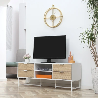 HOMCOM Móvel de TV de até 47 Polegadas Móvel de Sala de Estar Moderno com 4 Gavetas 2 Prateleiras Abertas e Orifício Passa Cabos 120x39x48cm Branco e Carvalho
