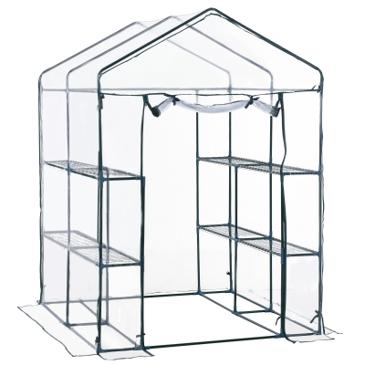 Outsunny 143 x 143 x 195 cm Walk in Garden PVC Greenhouse with Metal Frame Shelves - Transparent