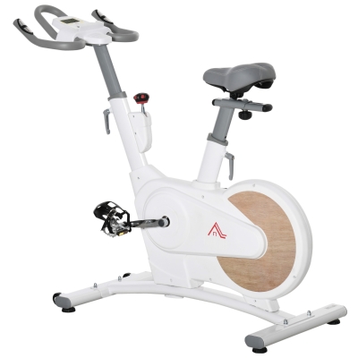 HOMCOM Bicicleta Estática com Volante de Inércia de 8 kg Bicicleta Estática com Assento e Guiador Ajustáveis em Altura Tela LCD Pulsômetro e Rodas para Casa 125x50x98-107cm Branco