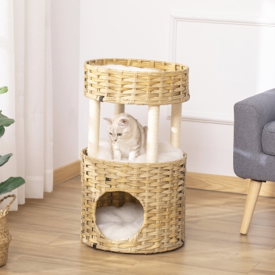 PawHut Árvore Arranhadora para Gatos de Vime Torre para Gatos Médios com Caverna 2 Camas Postes de Sisal Natural e Almofadas Laváveis de Pelúcia Suave Ø40,5x69 cm Natural