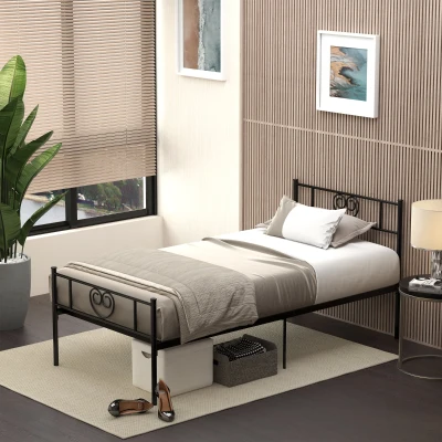 HOMCOM Estrutura de Cama Individual de Metal 31cm para Colchão 90x190cm com Cabeceira com Forma de Coração Estrutura de Cama com Espaço em Baixo de Armazenamento 95x196x100cm Preto