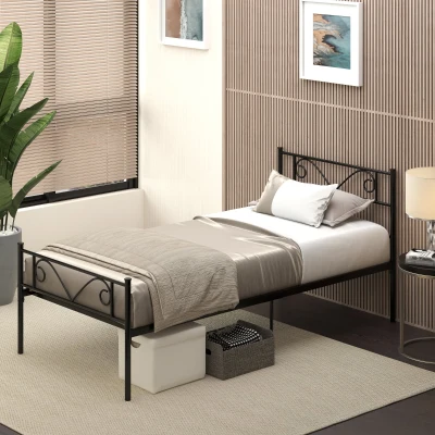 HOMCOM Estrutura de Cama Individual de Metal 31cm para Colchão 90x190cm com Cabeceira com Forma de Mariposa Estrutura de Cama com Espaço em Baixo de Armazenamento 95x196x100cm Preto