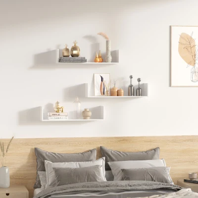 HOMCOM Set of 3 Wooden U-Shaped Floating Shelves Set Wall Mounted Hanging Bookshelf CD DVD Storage Display for Bedroom Living Room Kitchen, White