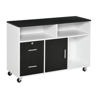HOMCOM Mueble Auxiliar de Oficina Mueble Archivador con Ruedas Estantes y Cajones Armario Multiusos con Gran Almacenaje 100x35x65 cm Negro y Blanco