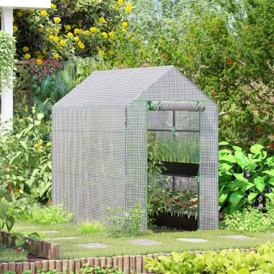 Outsunny Estufa de Jardim Estufa Caseira com 4 Prateleiras Porta Enrolável Cobertura de PE 140g/m² e Estrutura de Aço para Cultivos de Plantas Flores 120x186x190cm Branco