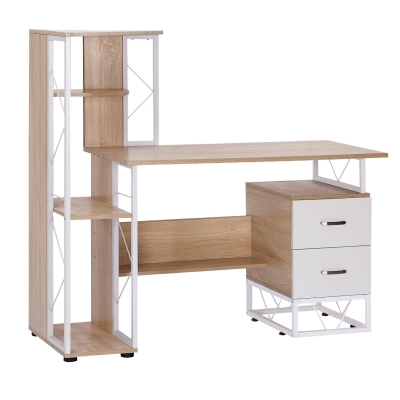 HOMCOM Escritorio con Estantería Librería Mesa de Ordenador PC con Superficie de 110 cm 2 Cajones y Múltiples Estantes para Oficina Estudio Despacho 133x55x123 cm Roble