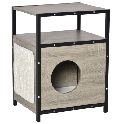 PawHut Casa para Gatos de Madera con Apariencia de Mesa Auxiliar Cueva con Cojín Extraíble Puerta con Orificio y Alfombrilla Rascadora 48x40x64,5 cm Roble Gris