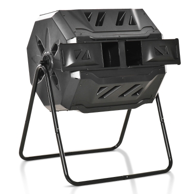 Outsunny Compostador de Tambor Giratorio con Capacidad 160 Litros de Doble Cámara y Ventilación Marco de Acero para Residuos Orgánicos de Jardín 71x64x92 cm Negro