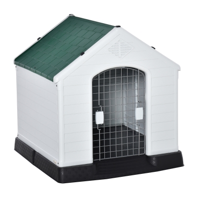 PawHut Caseta de Perro Casa para Perros Medianos con Puerta Metálica con Cerradura Techo Inclinado Base Elevada para Interior Exterior 78x87x81 cm Blanco y Verde