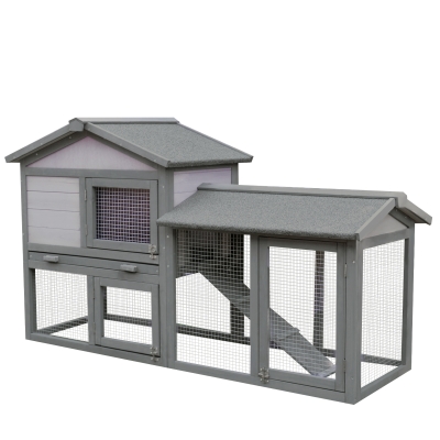 PawHut Conejera Madera de Exterior Jaula para Conejo con Bandeja Extraíble Rampa Antideslizante Incorporadas Puertas Gran Espacio de Actividades 147x54x84 cm Gris