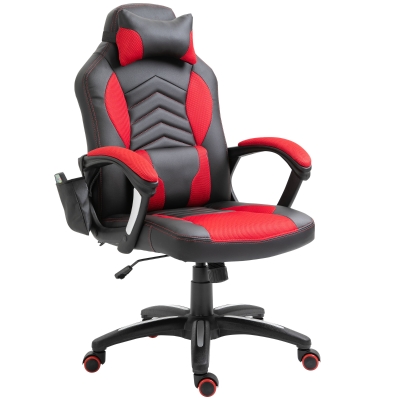 HOMCOM Silla de Oficina de Masaje y Calefacción con Control Remoto Silla Gaming Giratoria Ergonómica con Altura Ajustable Reposacabezas y Cojín Lumbar 68x69x108-117 cm Negro y Rojo