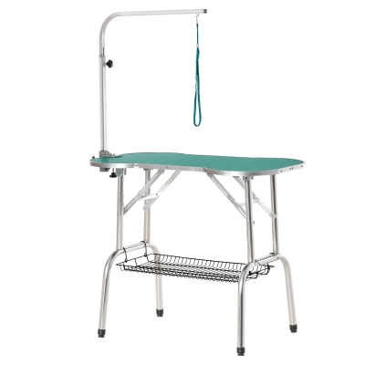 PawHut Mesa de Aseo para Mascotas Plegable Mesa Peluquería Canina Altura Ajustable Forma de Hueso con Cesta 94,5x55,3x80,6 cm Verde