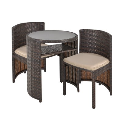 Outsunny Conjunto de Muebles Ratán de Jardín 3 Piezas con 1 Mesa de Café y 2 Sillas con Cojines para Terraza Exterior Fácil Almacenaje Acero Marrón