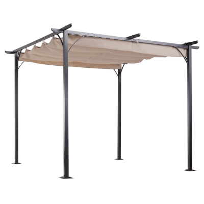 Outsunny Cenador con Techo Retráctil Pérgola 3x3m para Jardín Terraza o Patio Gazebo con Tela Poliéster Resistente al Agua y UV Color Beige