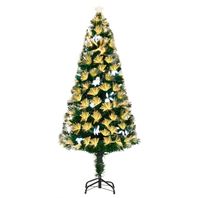 HOMCOM Árbol de Navidad Artificial 150 cm Luminoso con Fibra Óptica 170 Luces LED 8 Modos Brillantes 120 Cuentas Blancas y 170 Ramas Decoración Interior Ø70x150 cm Verde