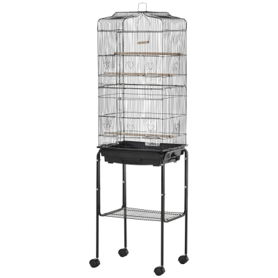 PawHut Jaula para Pájaros con Soporte Jaula Metálica de Aves Canarios con 4 Ruedas Puertas 4 Comederos 3 Perchas Bandeja Extraíble y Estante Inferior 46,5x36x157 cm Negro