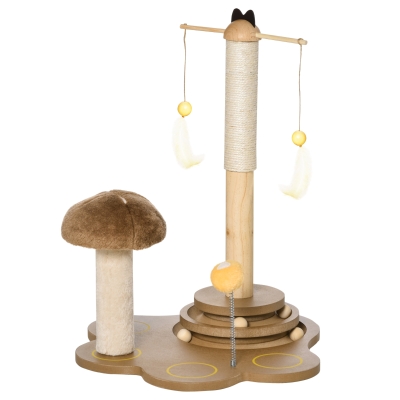 PawHut Rascador para Gatos con Postes de Sisal en Forma de Seta Juguete Colgante Plumas Pista de Bolas de Madera y Bola con Muelle Base Ancha 46x44x56,5 cm Marrón y Beige