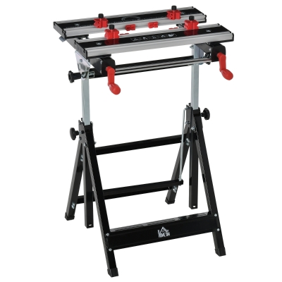 HOMCOM Banco de Trabajo Plegable con Altura Ajustable Tableros Regulables en Ancho y Distancia Carga Máx.100 kg 55x50x78,5-108 cm Negro y Plata