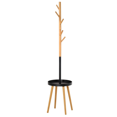 HOMCOM Perchero de Pie con Mesita Auxiliar Redonda y 5 Ganchos con Altura Regulable Colgador de ropa para Abrigos Sombreros Bolsos 40x40x179 cm Madera Natural y Negro