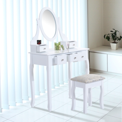 HOMCOM Toeletta Tavolo da Trucco con Specchiera e Sgabello Imbottito, Legno, Bianco