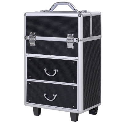 HOMCOM Maleta de Maquillaje Portátil Estuche de Comésticos Profesional con 6 Cajones Extensibles Cerradura y 2 Llaves Ruedas Asa Retráctil 36x23x58 cm Negro
