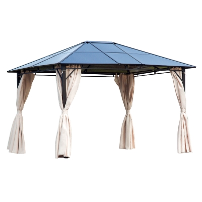 Outsunny Cenador de Jardín 3,65x3 m Pabellón de Acero con Techo de Policarbonato de 6 mm Protección UV 50+ y 4 Cortinas Laterales de Cremallera para Fiestas Beige