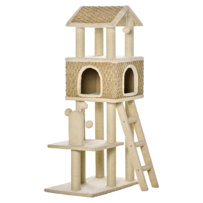 PawHut Árbol Rascador para Gatos Grande Altura 131 cm con Cueva Postes de Sisal Natural Plataformas Bola Colgante y Molino de Viento de Juguete 69x40x131 cm Beige