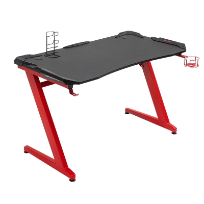 HOMCOM Mesa Gaming Escritorio para Ordenador con Portavasos Gancho para Auriculares Soporte de Gamepad y 2 Orificios Pasacables 122x66x76 cm Negro y Rojo