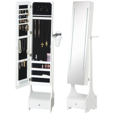 HOMCOM Espejo Joyero de Pie con Luz Armario para Joyas con Espejo de Cuerpo Entero 3 Ángulos Ajustables con Cajón y Colgador para Secador 37x30x158 cm Blanco