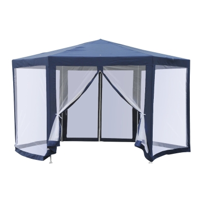 Outsunny Carpa Gazebo tipo Cenador Hexagonal con Mosquitera para Jardín y Terraza Ø3,9 m Material de Poliéster Repelente al Agua (Azul)