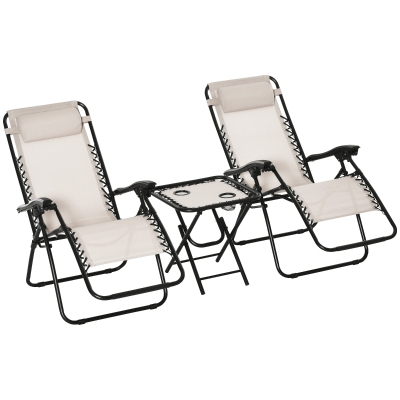 Outsunny Set de 2 Sillas de Gravedad Cero Plegables 90x65x110 cm y Mesa Auxiliar 50x50x50 cm con 2 Portavasos Sillas Reclinables con Reposacabezas para Jardín Terraza Beige