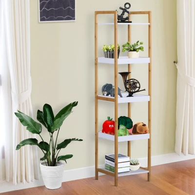 HOMCOM Scaffale Portaoggetti a 5 Ripiani in Bambù per Ingresso, Bagno e Ufficio, 32x30x130 cm, Bianco
