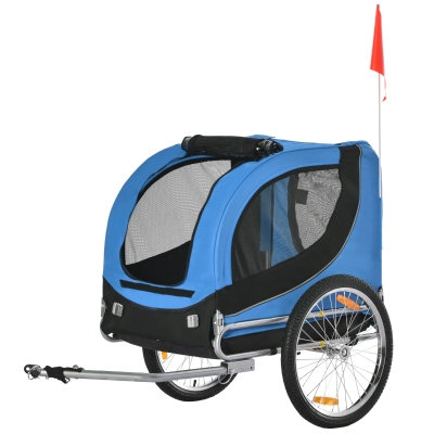 PawHut Remolque Bicicleta Perros Mascota 1 Bandera 6 Reflectores Remolque Bici Azul Negro