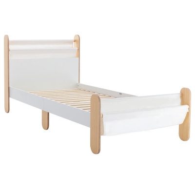 HOMCOM Kinderbett Jugendbett Hausbett mit Betttasche Spielzeugtasche ab 3 Jahre Holzbett Kinderzimmer Spielbett Einzelbett Kiefernholz Weiß+Natur 229 x 98 x 95 cm