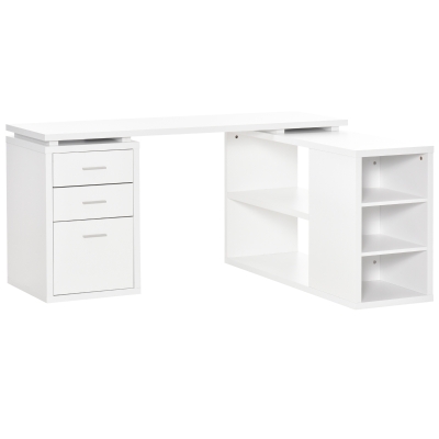 HOMCOM L-Shaped Computer Desk Home Office Corner Desk Study Workstation Table with Storage Shelves and Drawers, White